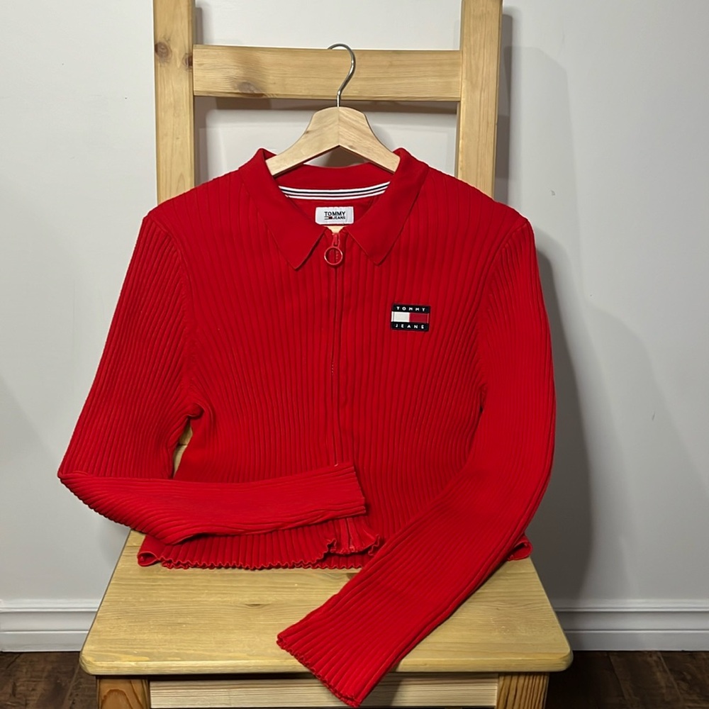 Tommy Hilfiger red knit zip up Super comfortable&stretchy Vibrant red 80% cotton